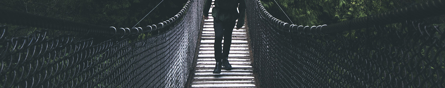 man walking on suspended bridge