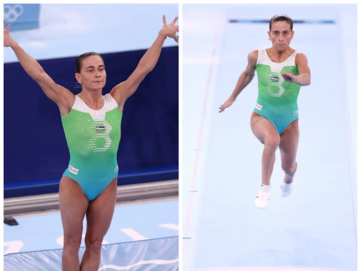 Oksana Chusovitina competes on vault during the Tokyo 2020 Olympics.