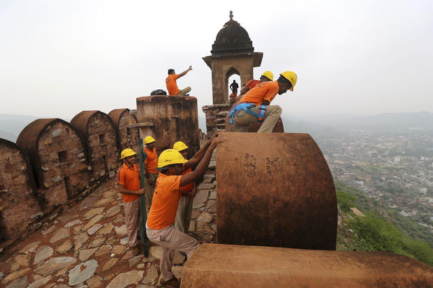 State Disaster Response personnel perform a search operation at a watchtower of the 12th century Amber Fort where 11 people were killed Sunday after being struck by lightning in Jaipur, Rajasthan state, India, July 12, 2021. VISHAL BHATNAGAR / AP